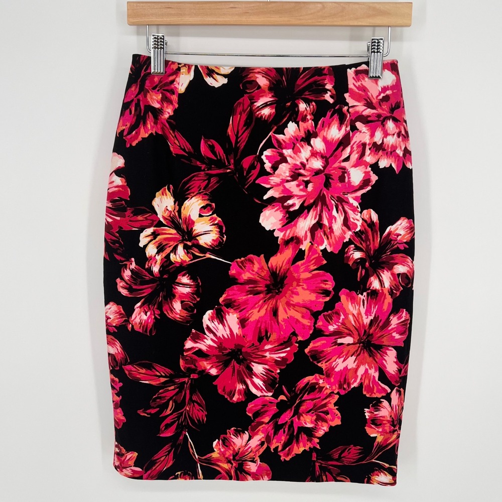 White House Black Market Womens Floral Pencil Skirt Size 2 Black Pink Career